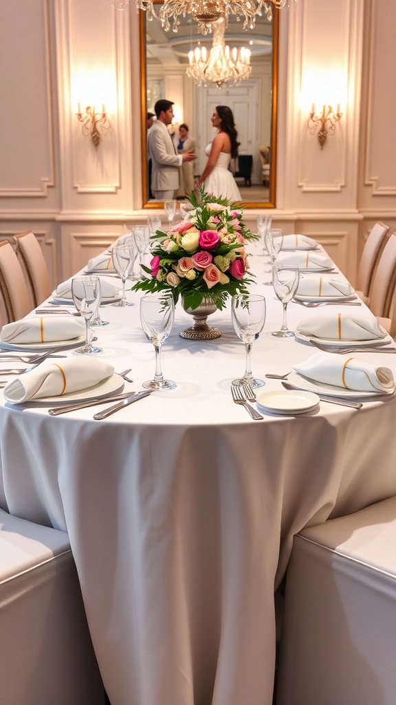 Elegant Dinner Table Setup for Special Occasions An elegant dinner table setup with fine china, silverware, and a beautiful floral centerpiece.